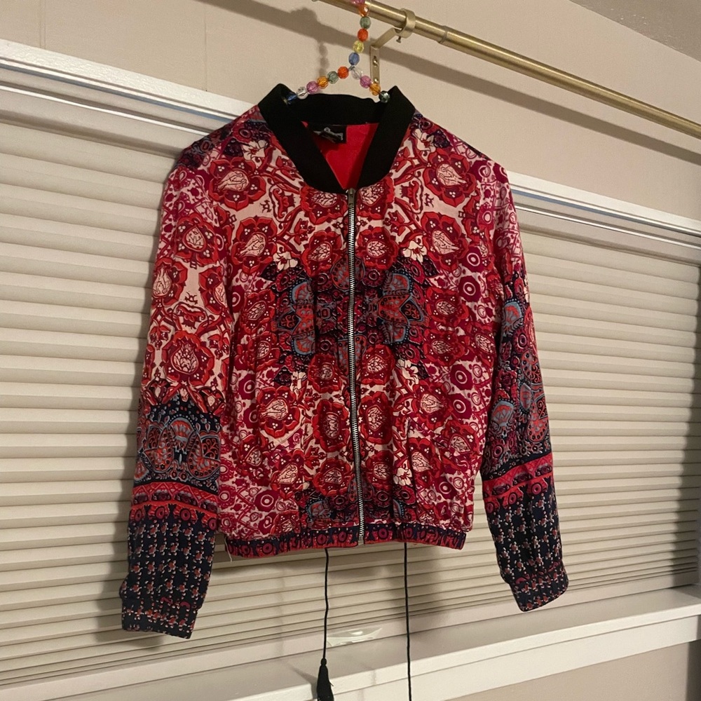 Angie Bohemian Red White and Black Lightweight Bomber Jacket